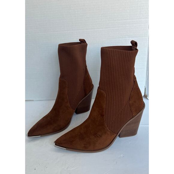 NWOT STEVEN NY Reeve Brown Suede Mid Calf Block Heel Pull On Sock Boots Sz 9.5M - Picture 1 of 10